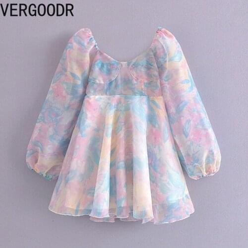 Vergoodr Color Print Dress for Women Organza Round Neck Long Sleeve Princess Dress Cute Lolita Style Party Dress Vestidos Mujer