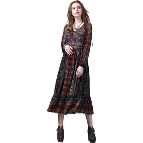 Brand new womens spring/summer dress 2019 printed chiffon dresses National wind ruffled collar dress is 8218