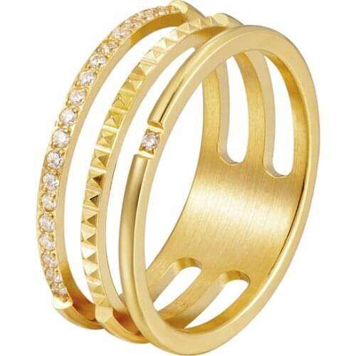 Exquisite Gear And Zircon Inlaid Triple Layer Ring High Quality Stainless Steel Fashion Jewelry Wholesale Ring For Women