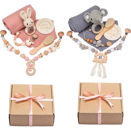 7 pcs/set Baby Teether Set Cotton Bib Blanket Baby Milestones Brush Rattle Bracelet Newborn Bath Toy Set Infant Nursing Products