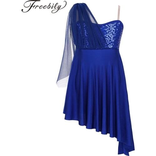 Girls Adjustable Straps Sequins Side Split Irregular Hem Ballet Leotard Dress Kids Contemporary Stage Lyrical Dance Costumes