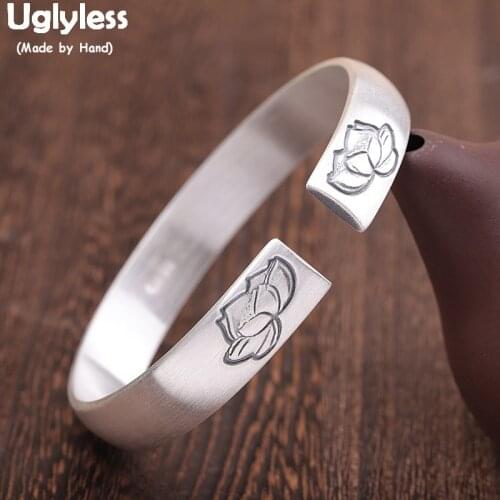 Uglyless Real 990 Pure Silver Flower Lotus Bangles for Women Thai Silver Floral Open Bangles Vintage Ethnic Fine Jewelry BA599