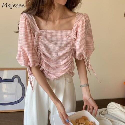 Blouses Women Plaid Folds Summer Soft Sweet Retro Square Collar Harajuku Ladies Crop Top College All-match Loose Fashion Design