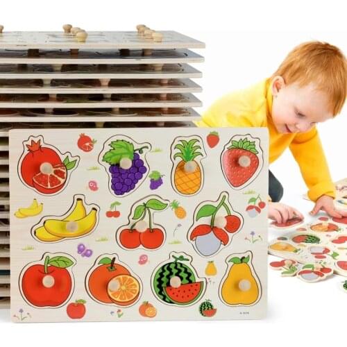 Montessori Wooden Puzzles Hand Grab Boards Toys Tangram Jigsaw Baby Educational Toys Cartoon Vehicle Animals Fruits 3D Puzzles