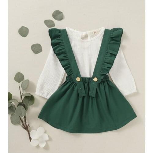 Little Girls Clothes Set Long Sleeve T-Shirt Top+Solid Suspender Skirt Overall Skirt