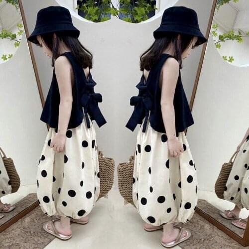 Girls Sets 2021 New Summer Children Clothing Baby Girl Fashionable Vest Dot Wide-leg Pants Two-piece