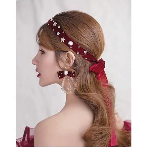 Korea Fashion Red Bow Headbands Earrings Set Bride Wedding Party Rhinestone Crystal Drop Earrings Hair Accessories Jewelry Set