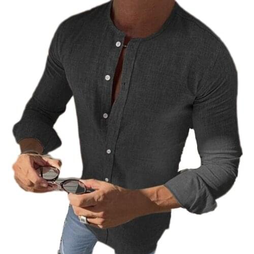 2020 new round neck linen solid color mens shirt casual breathable comfortable shirt men S-3XL