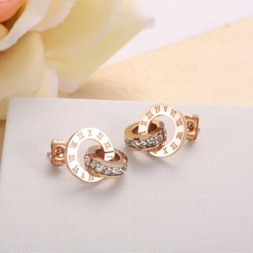 New Shiny Cubic Zirconia Roman Numerals Double Circle Stud Earrings Titanium Steel Rose Gold Engagement Wedding Earrings E17014