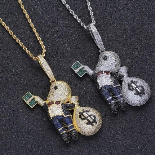 Hip Hop Boy With Money Bag Pendants 4 Colors Cartoon Character Necklace Iced Out Bling Cubic Zircon Mens Rapper Jewelry