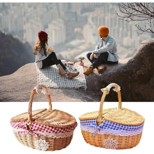 Rattan Outdoor Picnic Basket Country Style Wicker Hamper with Lid and Handle Quality Liners Food Fruit Storage Carrying