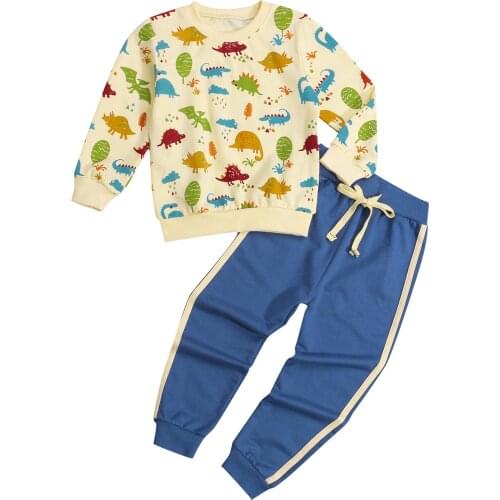 2 Pcs Boys Casual Outfits, Animal Print Long Sleeve Round Neck Sweater + Color Block Trousers with Drawstring