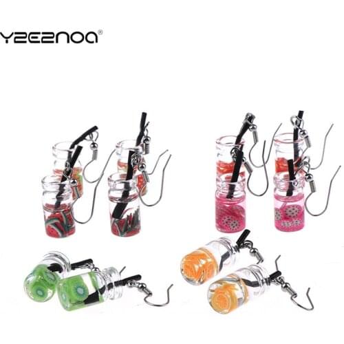 1pair Fun Fruit Cup Long Dangle Resin Earrings Cute Simulation Funny Bottle Acrylic Ear Hook For Women Jewelry
