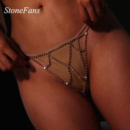 Stonefans Sexy Rhinestone Body Chain Waist Thong Bikini Underwear for Women Mesh Crystal Body Jewelry Panties Christmas Gift