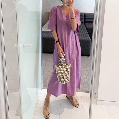 Womens V-neck short-sleeved split solid color cotton and linen series casual loose and comfortable long skirt