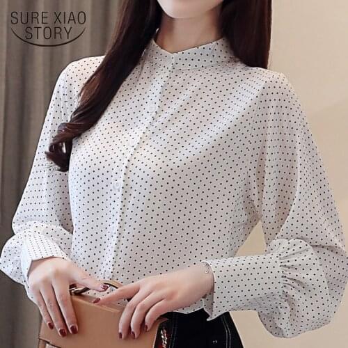 Women chiffon blouse 2019 spring fashion new Stand collar dot pattern lantern sleeve women blouse office work shirt tops 2442 50