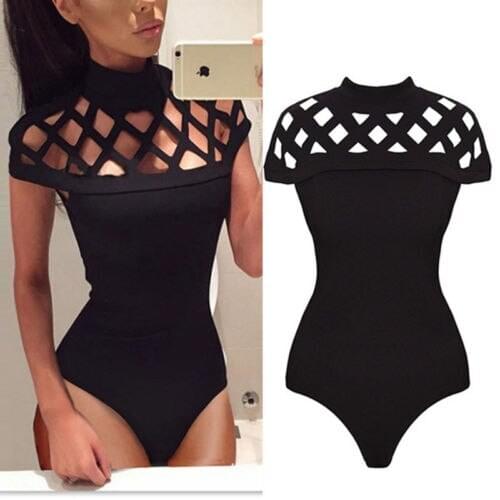 Ladies Women Short Sleeve Hollow Out Sexy Black Turtleneck Club Slim Fit Skinny Bodysuits Fashion Stretch Leotard