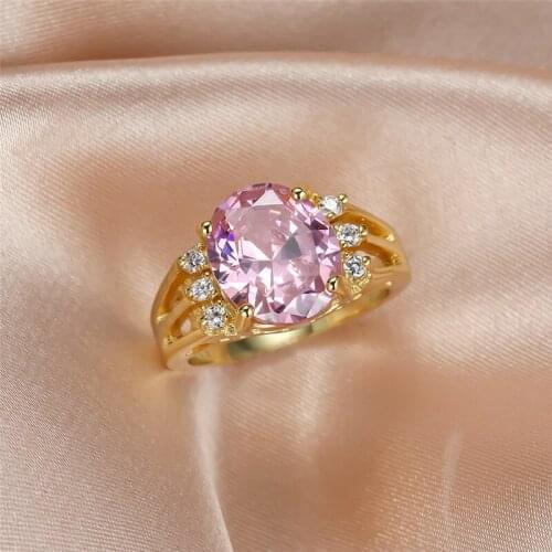 Elegant Pink Crystal Oval Zircon Wedding Rings For Women Engagement Jewelry Vintage Fashion Yellow Gold Luxury Birthstone Ring