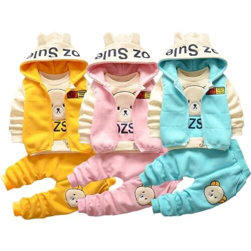 Winter Girls Clothing Set Cute Bear Keeping Warm Hooded Vest + Coats + Pants 3Pcs Thick Velvet Suit For Kids Children Present