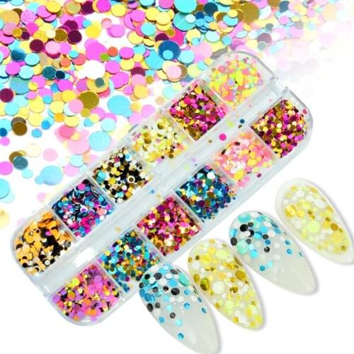ZKO 12 Grids Mixed Color Round Nail Glitter Flakes 1/2/3mm 3D Sequins Paillette Powder Charms Nail Art Decoration Manicure
