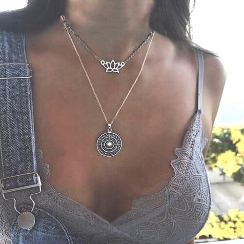 2 Pcs/Set Bohemia Lotus Compass Silver Color Pendant Multilayer Necklace Women Retro Chain Long Necklace Exquisite Jewelry Gift