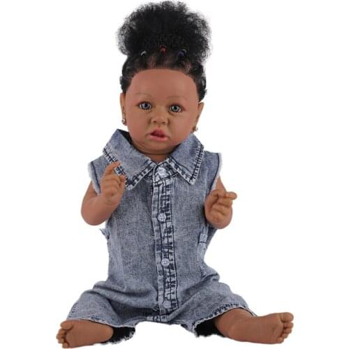 23inch About 58cm Full Silicone Black Skin Blue Eyes Reborn Doll Jeanswear Lifelike Real Touch America Black Doll With Heartbeat