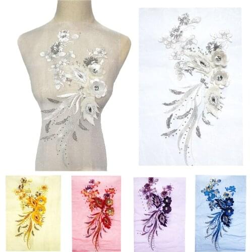 40CM Sequins 3D Flowers Tassel Lace Trims Rhinestone Mesh Sew On Patches Embroidery For Wedding Appliques Decoration DIY