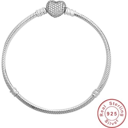Original 100% 925 Sterling Silver DIY Bracelet Bangle for women men Diamond Heart Clasp Snake Chain Fit Bead Bracelet Jewelry