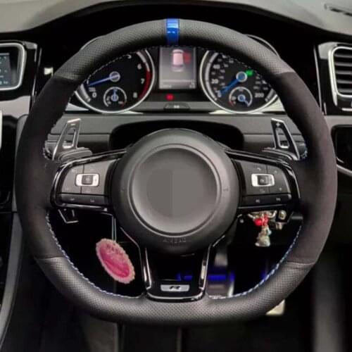 DIY Car Steering Wheel Cover Soft Black Suede Black Genuine Leather For Volkswagen Golf 7 MK7 GTI R VW Polo Scirocco 2015 2016
