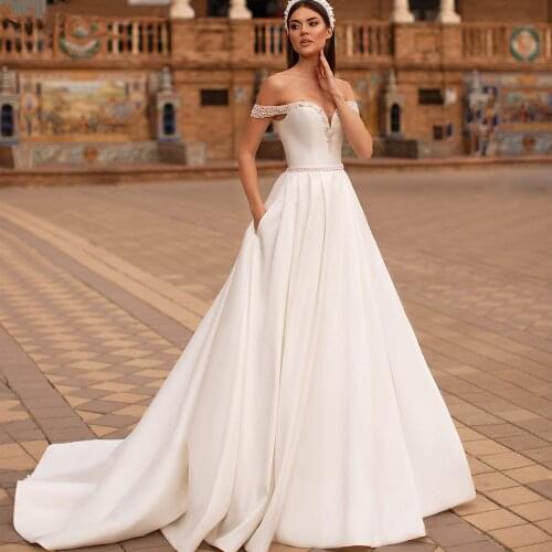 Elegant V-Neck Beading Wedding Dresses A-Line Lace Up Satin Simple Elegant Plain Luxury Floor Length High Quality Bride Gown