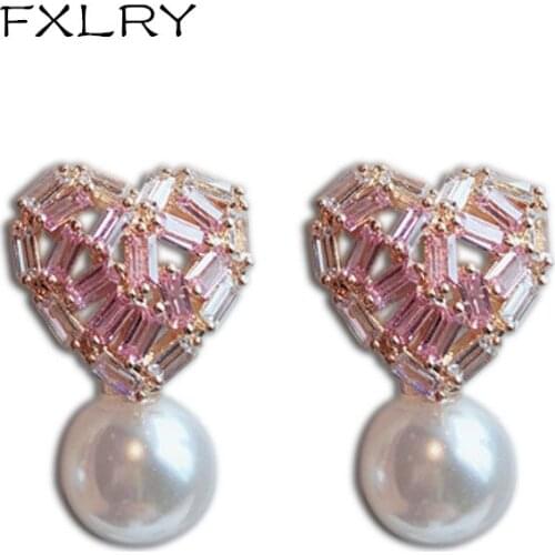 FXLRY Hot Selling White Color Cubic Zircon Romantic Gradient Pink Zircon Pearl Earrings For Girl To Gift Jewelry