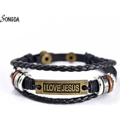 GOD IS LOVE Leather Bracelet Multilayer Braided I LOVE JESUS Bangles for Women Men Gothic Jewelry Best Friend Gifts Dropshipping