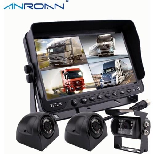 9" Quad Monitor Car Rear View Camera System Kit 2 x Side Camera, 1 x Backup Camera for Truck Caravan Trailers Harvester