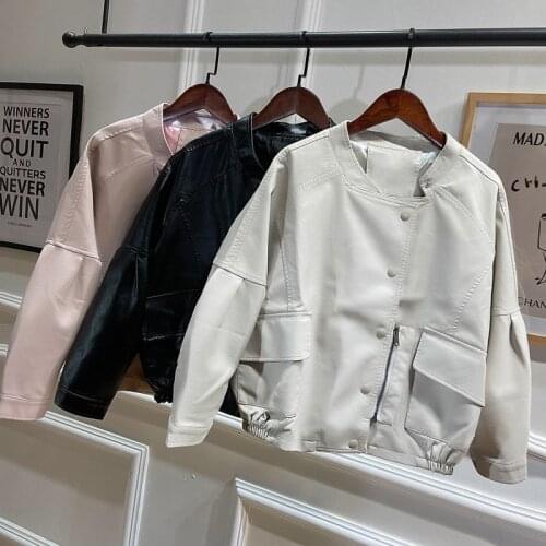 FMFSSOM Autumn Spring Buttons Single Breasted Oversized Loose Big Pocket Women Female Zipper Pu Faux Leather Jacket