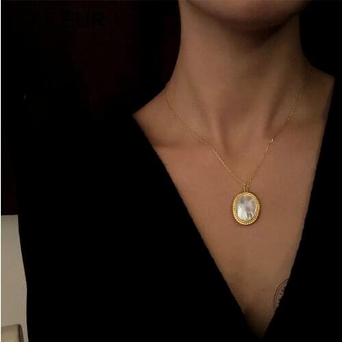 Louleur Retro 925 Sterling Silver Necklace Design Oval Shell Pendant Necklace For Women Silver 925 Fine Jewelry Silver 925