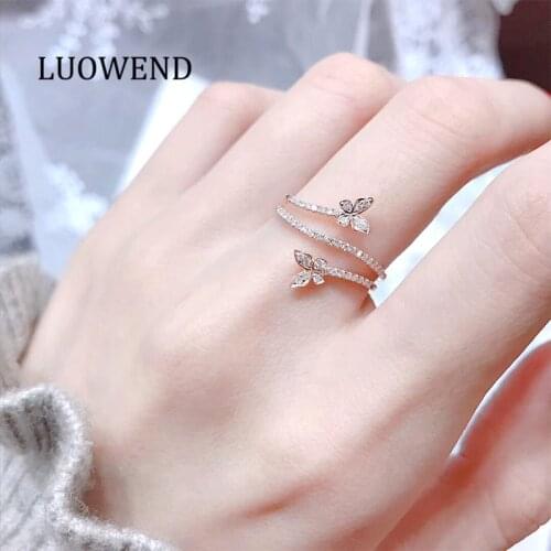 LUOWEND 18K White Gold Wedding Ring Gold Rings anillos mujer Butterfly Design Real Natural Diamond Ring for Women Birthday