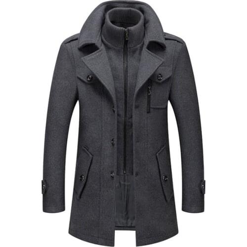 Mens Wool Jacket Winter Autumn Mens Long Windproof Wool Coat Casual Thick Slim Fit Jacket Male Overcoat