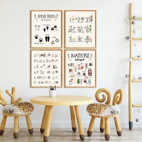 Woodland Nature Educational Poster Animals Tracks Guide Print Alphabet Learning Nursery Wall Art Canvas Painting Kids Room Decor