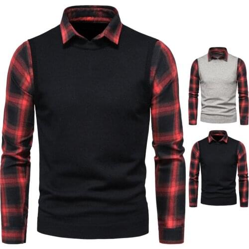 2020 autumn and winter new foreign trade mens sweater lapel fake two-piece sweater mens bottoming shirt