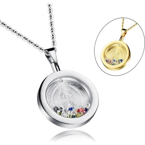 Stainless Steel Floating Crystal Pendant Necklace, Colorful Gems Mirror Box Necklace Virgin of Guadalupe Lucky Blessing Necklace