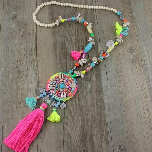 2 color NEW Bohemian Ethnic rainbow Beads Long Necklace Jewelry for Women necklace colorful Handmade Tassel pendant female dress