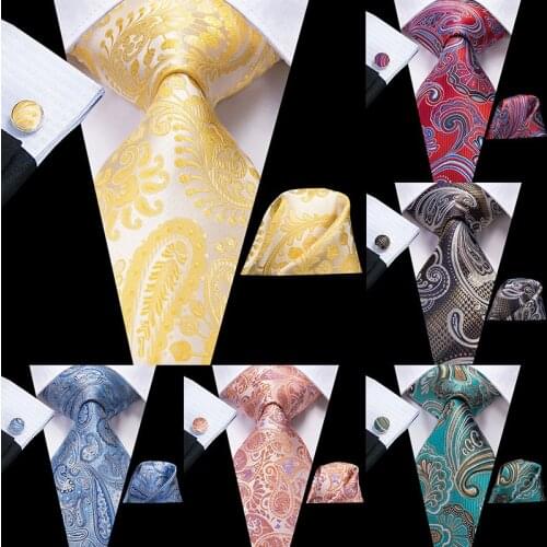 Hi-Tie Silk Ties for Men Luxury Paisley Tie Hanky Cufflinks Set Fashion Mens Wedding Party Business Necktie Set Brand Mens Ties