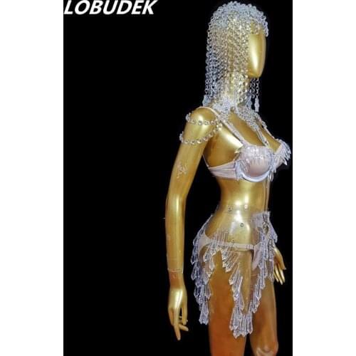 Shining Crystal Stones Transparent Bikini Outfit Bar Nightclub Women Dancer Group Sexy Show Stage Wear DJ Pole Dance Costume
