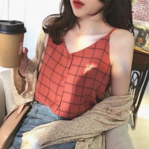 Camisoles Women Chiffon Plaid Single Breasted V-neck Summer Casual Camis Korean Style Vintage Loose Womens Fashion Tank Top Chic