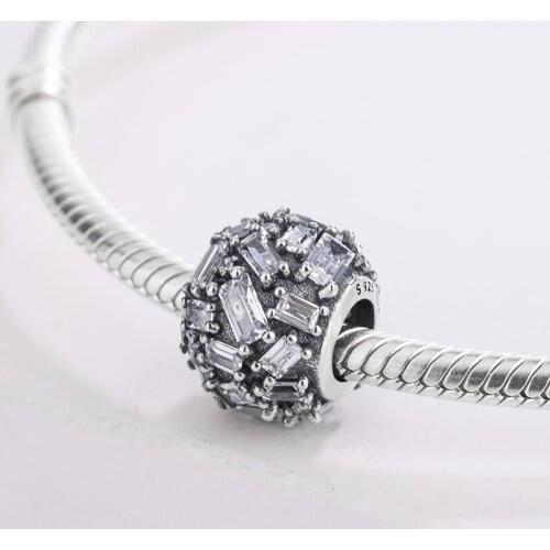 925 Sterling Silver Transparent And Blue Cube Crumb-Like Transparent Rectangular Cut Crystal Texture Pendant Charm Bracelet