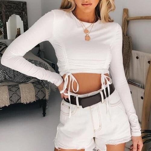 T shirt women 2021 fashion O neck Solid Color T-shirt Crop Top Bandage Long Sleeve Drawstring tops for women ladies White