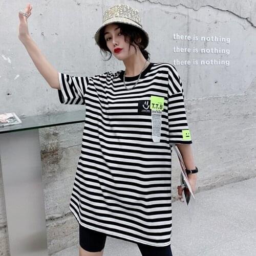 Harajuku Women T-shirt 2021 Mid-length Stripe Female Tops Summer Short-Sleeved T-shirts Plus Size woman tshirts