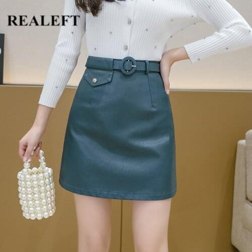 REALEFT Autumn Winter PU Leather Short Skirts with Belt New 2020 Female Wrap Skater Skirts High Waist Office Sexy Mini Skirts