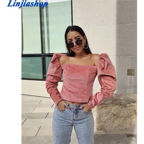 Autumn Winter Women New Fashion Corduroy Square Collar Puff Pink Casual Short Tops