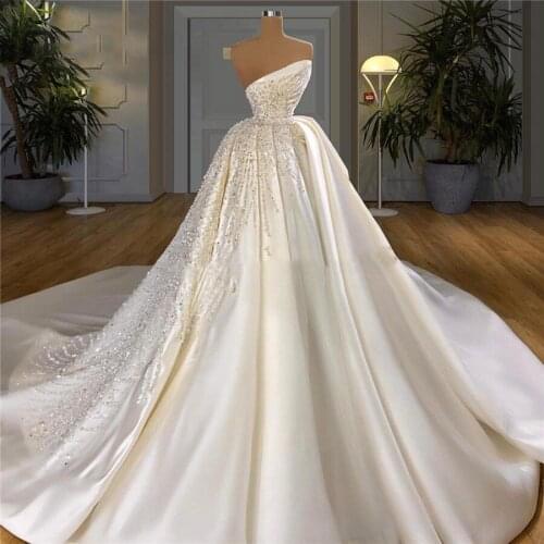 Elegant A Line Strapless Wedding Dress Princess Satin Sequins Beaded Luxury Bridal Gowns Dubai Arabic Vestidos De Novia